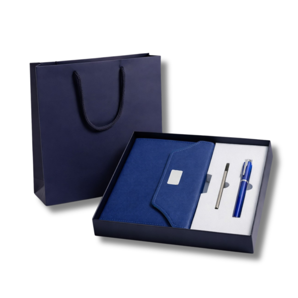 Set cadou premium Office & Business – Agenda A5 cu inchidere metalica magnetica, Pix metalic gel 0.5 mm + rezerva inclusa, Cutie cadou eleganta - Albastru