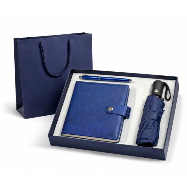 Set cadou business 3 piese – Umbrela automata, Agenda A5, Pix metalic – Cutie cadou, Albastru