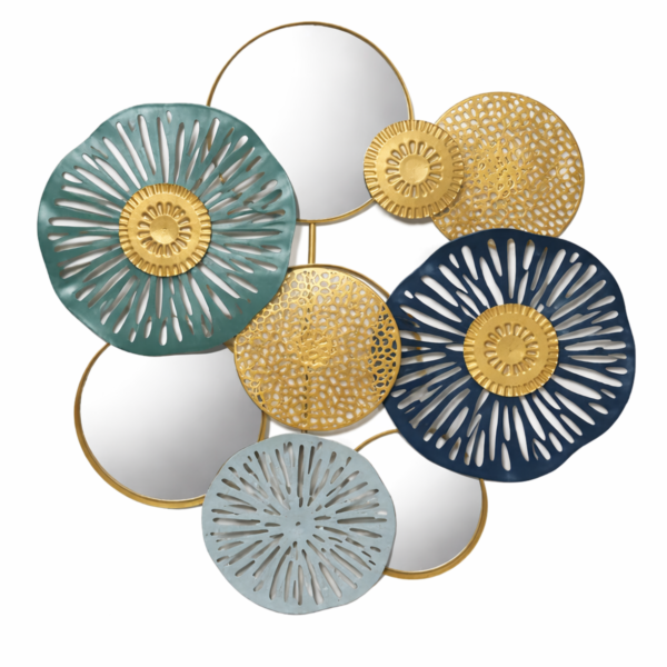 Tablou decorativ premium din metal cu oglindă, model floral-geometric, accente aurii, 42 × 38 cm