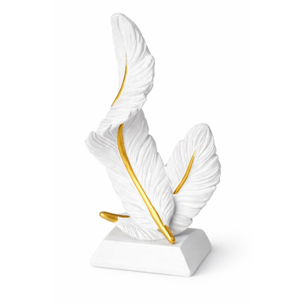 Ornament decorativ premium cu pene stilizate, din rasina, design modern elegant, finisaj alb cu accente aurii, obiect decorativ pentru interior, 17 cm